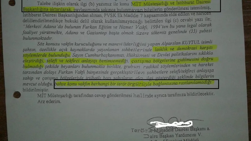 2018 soruşturma dosyasında yer alan ve Eylül 2018'de kamuoyuna açıklanan Terörle Mücadele Dairesi Başkanlığı yazısının, satırları sarı kalemle işaretlenmiş sayfası